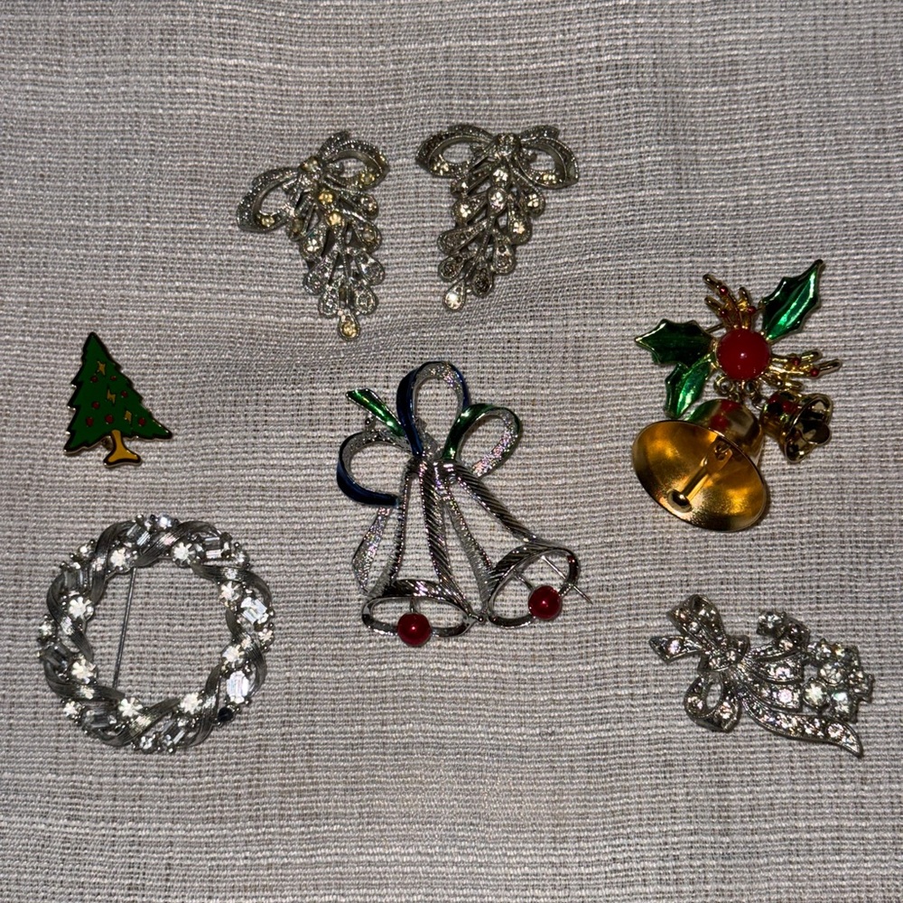 5 Silver and Gold Holiday Brooch Set and 2 tie clips